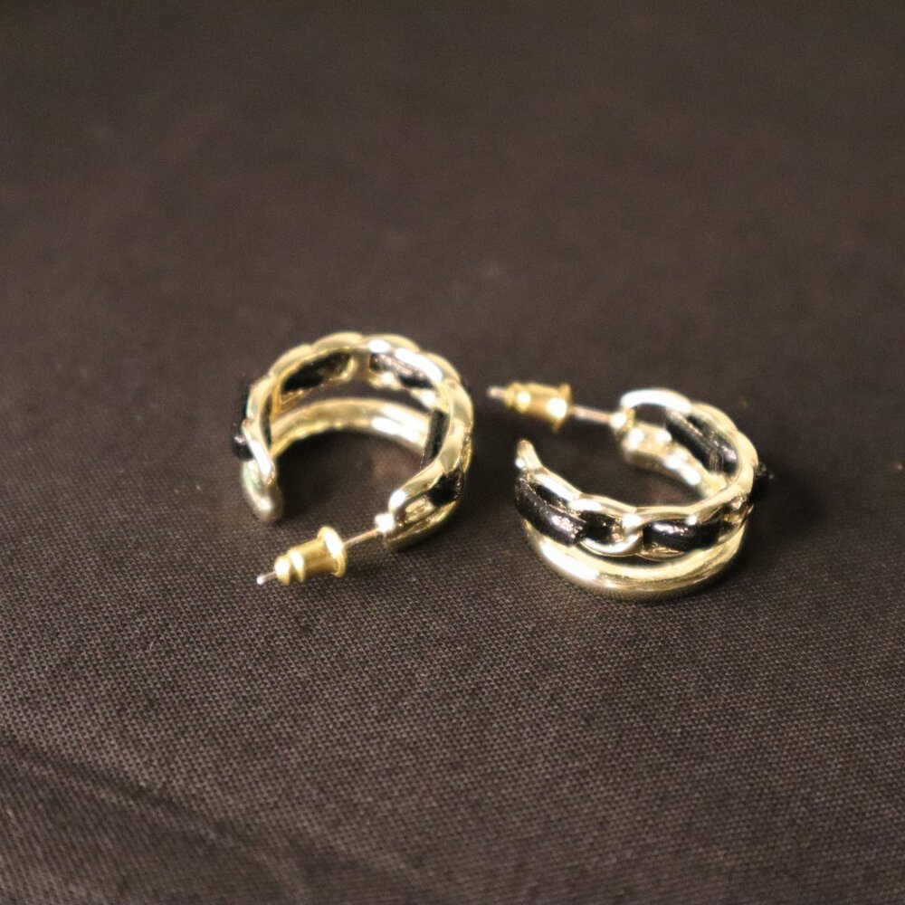 Gold & Black Chain Detail Huggie Hoop Earrings - Picture 2 of 3